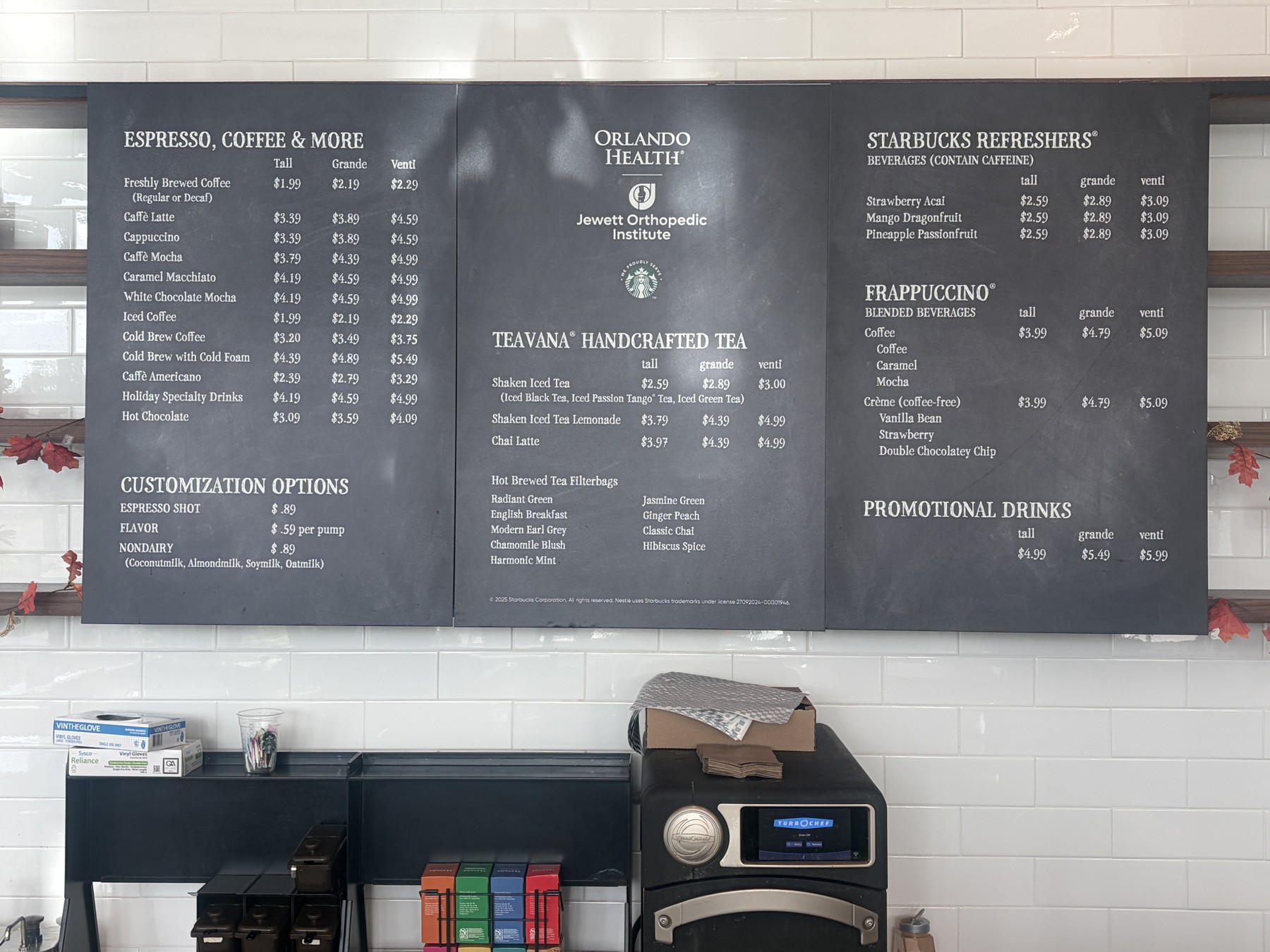 Starbucks menu at Orlando Health Jewett Orthopedic Institute